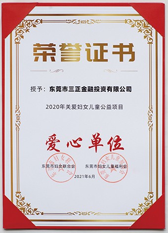 6月3日上午，東莞市婦聯聯合市委組織部、市直工委、市婦女兒童福利會共同啟動了2021年東莞市婦女兒童“黨群公益匯”活動。啟動議式上，三正金融投資公司被授予“愛心單位”榮譽證書。